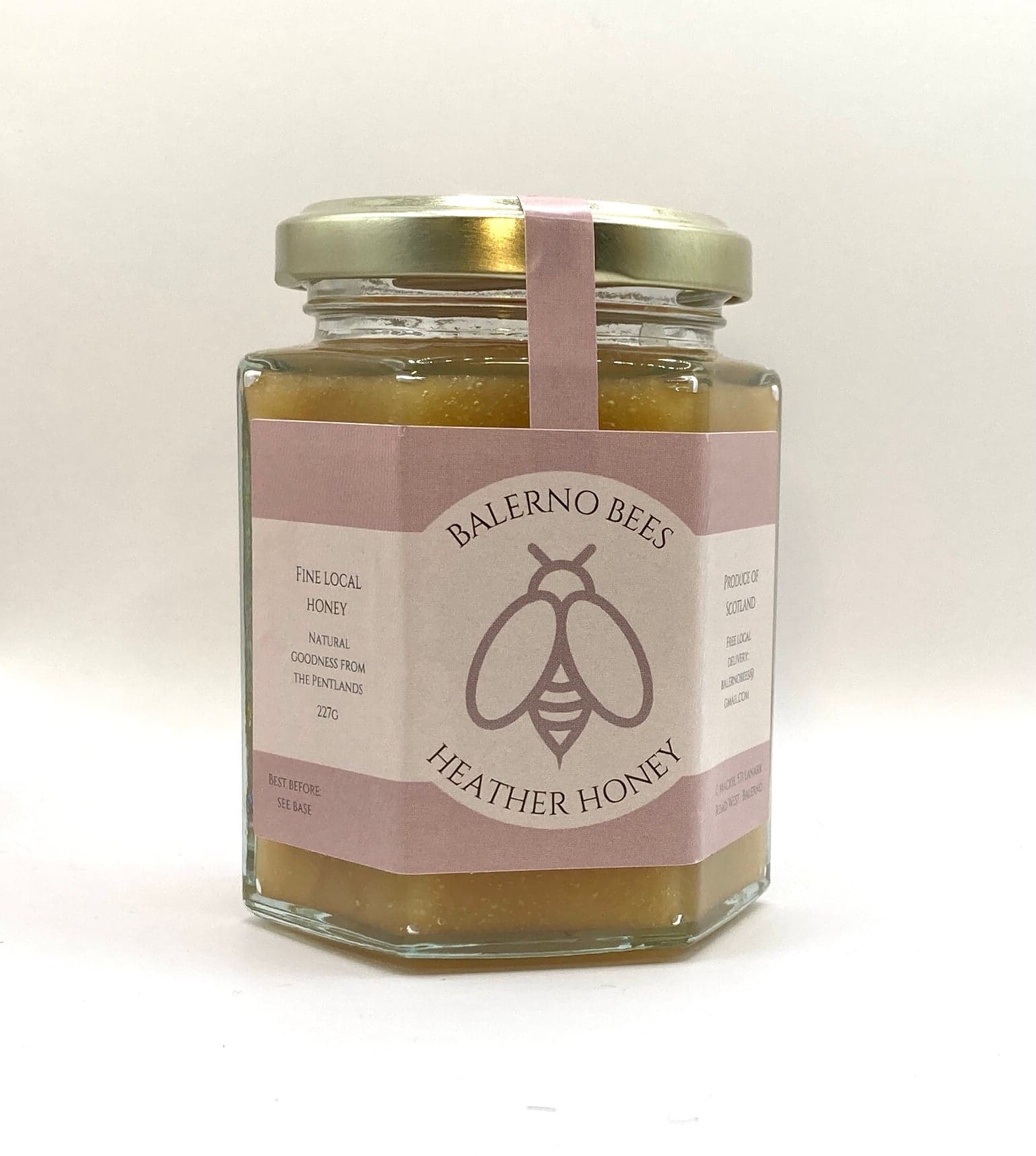 Close-up of the front label on a Balerno Bees heather honey jar — small-batch honey produced in Edinburgh